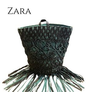 ZARA Boho Deep Teal Textured Fringe Bucket Bag